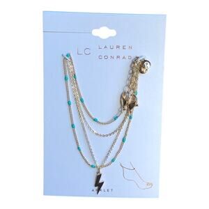 LC Lauren Conrad NIP Gold Tone Four Strand Lightening Bolt Green Bead Anklet